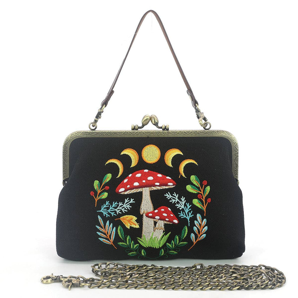 Celestial Mushroom Kiss Lock Bag in Linen Cotton Blend Material